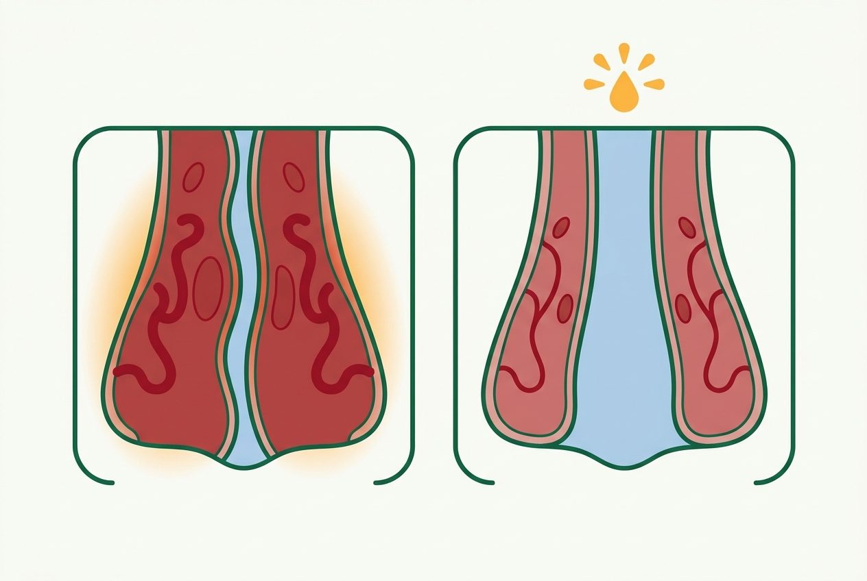 Esquema en dos paneles de la mucosa nasal: a la izquierda, tejido rojo oscuro e hinchado con vasos sanguíneos dilatados que dejan solo una rendija azul para el aire; a la derecha, el mismo tejido más pálido y deshinchado, con vasos estrechados y un paso de aire azul mucho más ancho.