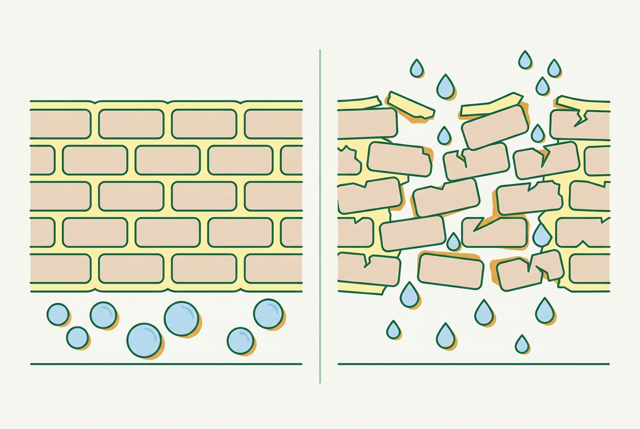 Comparación de la capa más externa de la piel dibujada como un muro de ladrillos: a la izquierda, ladrillos ordenados unidos por un mortero amarillo continuo y gotas de agua retenidas debajo; a la derecha, ladrillos desplazados y agrietados, huecos en el mortero y gotas de agua que escapan hacia fuera.